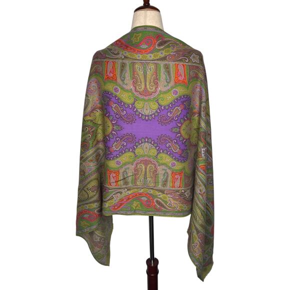 ETRO Paisley Print Cashmere Blend Scarf 26x62 Rectangle Green Purple Colorful